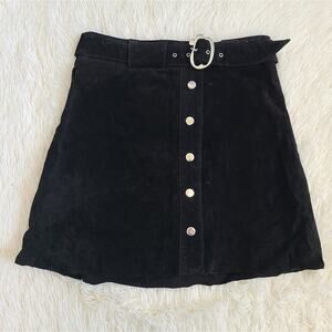 Zara Black Suede Button Front Belted Grunge Mini Skirt Size Small